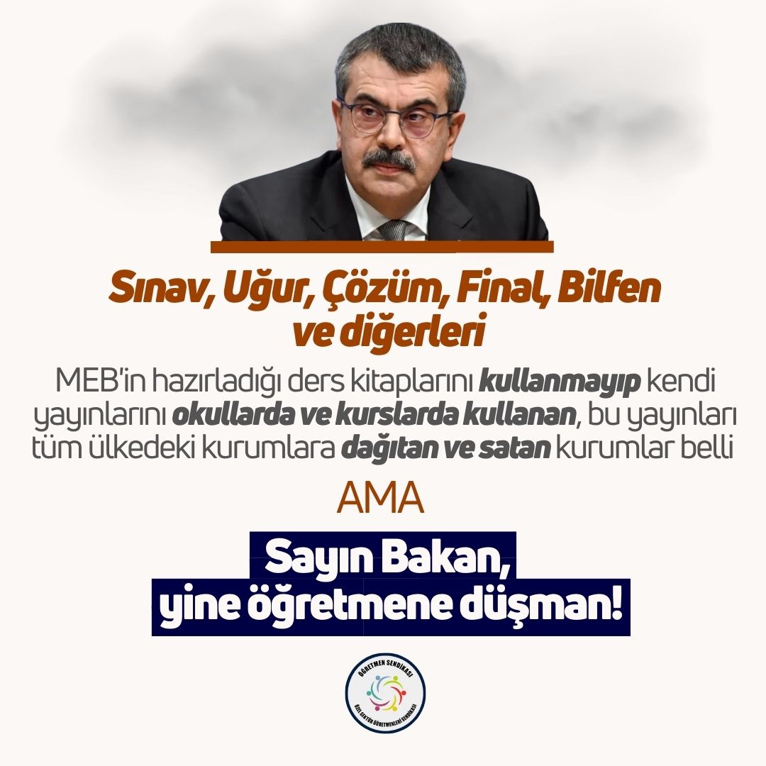Mesleğe ve öğretmene yönelik hakaret içeren söylemleri bitmiyor. Her açıklaması bir facia. Özel öğretim kurumlarında çalışan, işsiz kalan, mülakatlarda hakkı gasp edilen yüz binlerce öğretmen, bir kişinin kötülükleri karşısında yaşam mücadelesi veriyor. 

Kamuoyu, basın soru
