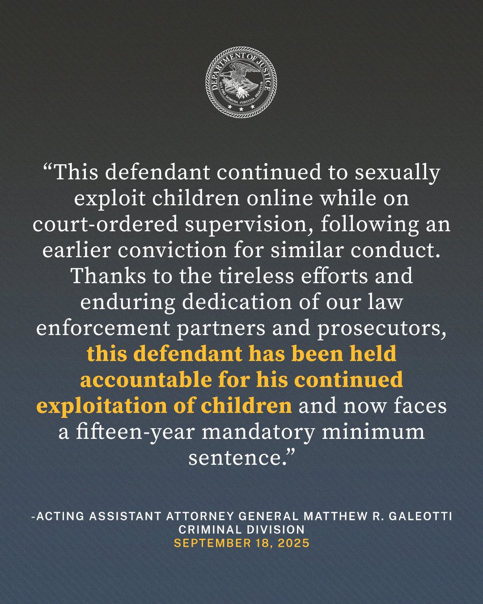 DOJCrimDiv's tweet image. Virginia Man Found Guilty of Repeat CSAM Offenses
A district court judge yesterday convicted a previously convicted sex offender of distributing and possessing child sexual abuse material (CSAM) while on supervised release.
🔗: justice.gov/opa/pr/virgini…