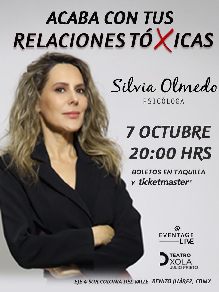TEATRO XOLA (@teatroxola) on Twitter photo Imperdible.
<a href="/silviaolmedo/">Silvia Olmedo</a> 
Porque las relaciones tóxicas no solo ocurren en la pareja, también en familia y trabajo.
Boletos taquilla y ticketmaster
ticketmaster.com.mx/silvia-olmedo-… Imperdible.
<a href="/silviaolmedo/">Silvia Olmedo</a> 
Porque las relaciones tóxicas no solo ocurren en la pareja, también en familia y trabajo.
Boletos taquilla y ticketmaster
ticketmaster.com.mx/silvia-olmedo-…