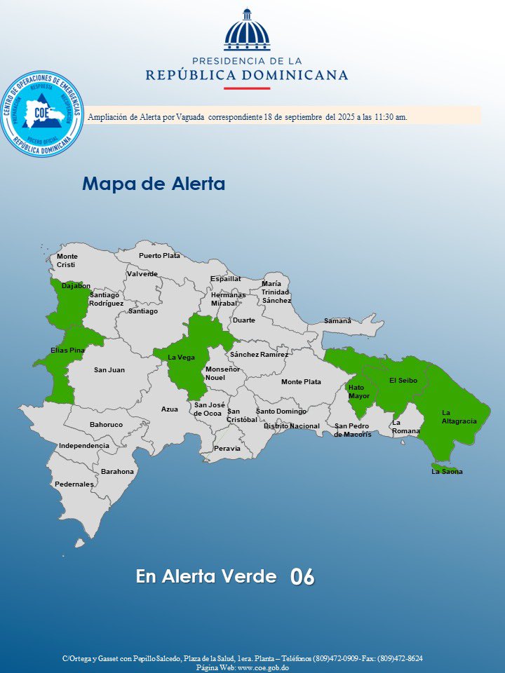 #DGRDInforma | La dirección del <a href="/COE_RD/">COE</a> amplía el nivel de #AlertaVerde a otras provincias por la incidencia de una vaguada y una onda tropical.

Se mantiene el nivel de alerta para la Prov. La Altagracia. ¡Mantente informado! 

#AlcaldíaVerónPuntaCana #DGRD #AlertaVerde