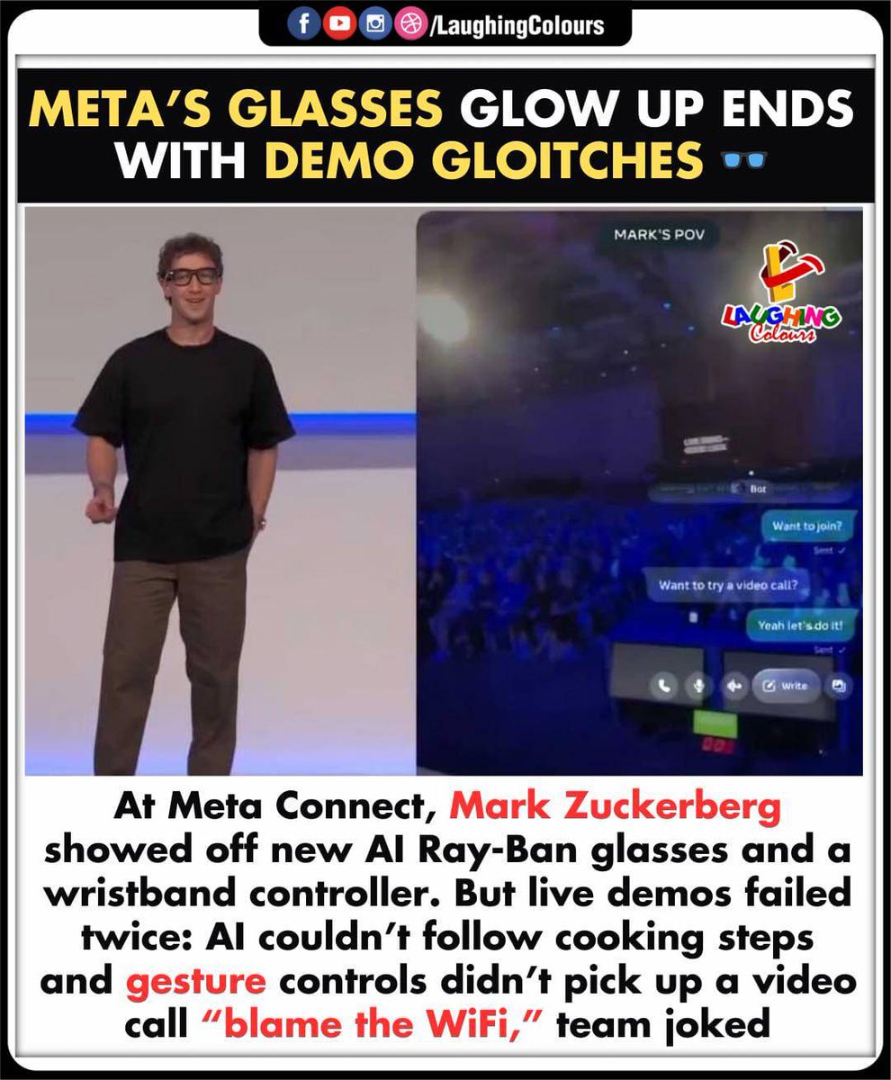 LaughingColours's tweet image. Meta demo fail moment 😅

#Meta #RayBan #TechFail #DemoGlitch #MarkZuckerberg #FunnyTech