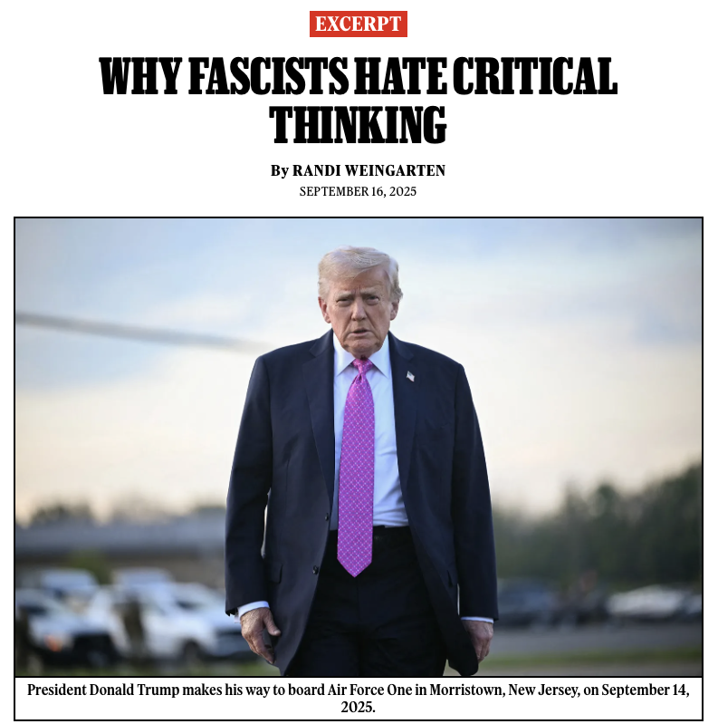 RollingStone's tweet image. An excerpt from Randi Weingarten’s new book, “Why Fascists Fear Teachers,” reveals why Trump and the far right are demeaning teachers, slashing school funding, and rewriting history.

📕 rollingstone.com/politics/polit…