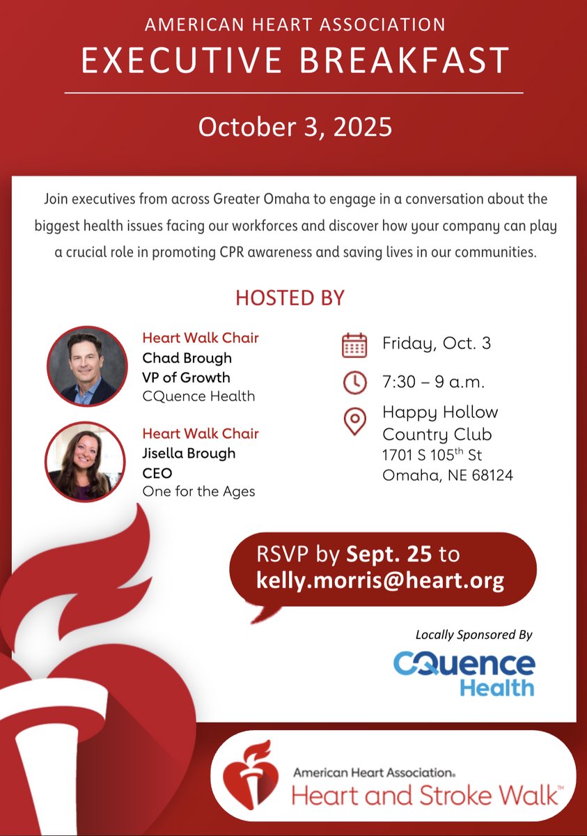 ♥️ <a href="/jisellabrough/">Jisella Brough</a> and I are serving as Co-Chairs for the 2026 American Heart Association Heart Walk. The event will occur in May 2026, and the planning kicks off Friday October 3 at Happy Hollow CC. I would like to invite any <a href="/F3Omaha/">F3Omaha</a> PAX to this kick-off breakfast. It is an