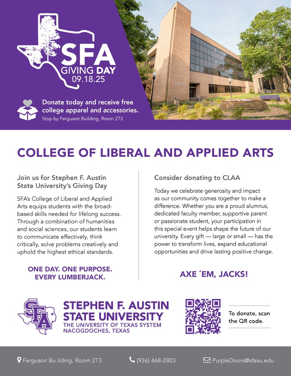 Today is the Day!  #SFAGivingDay is here!!  Make your dollars count and give to <a href="/CLAASFASU/">CLAA SFA</a> and help our #History students and #StudyAbroad trip to Scotland! 
#AxeEm 
givingday.sfasu.edu/pages/leaderbo…