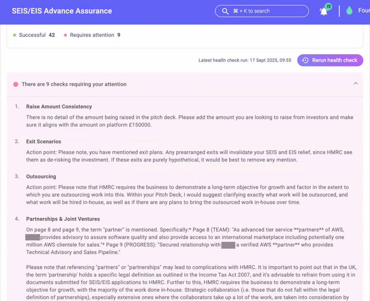 𝐒𝐞𝐞𝐝𝐋𝐞𝐠𝐚𝐥𝐬 𝐢𝐧𝐭𝐫𝐨𝐝𝐮𝐜𝐞𝐬 𝐫𝐞𝐚𝐥-𝐭𝐢𝐦𝐞 𝐀𝐈 𝐒𝐄𝐈𝐒/𝐄𝐈𝐒 𝐀𝐝𝐯𝐚𝐧𝐜𝐞 𝐀𝐬𝐬𝐮𝐫𝐚𝐧𝐜𝐞 𝐫𝐞𝐯𝐢𝐞𝐰𝐬

More than 60% of all SEIS/EIS Advance Assurance applications are done on <a href="/seedlegals/">SeedLegals</a> . Our expert team diligently run through a 48-step checklist for
