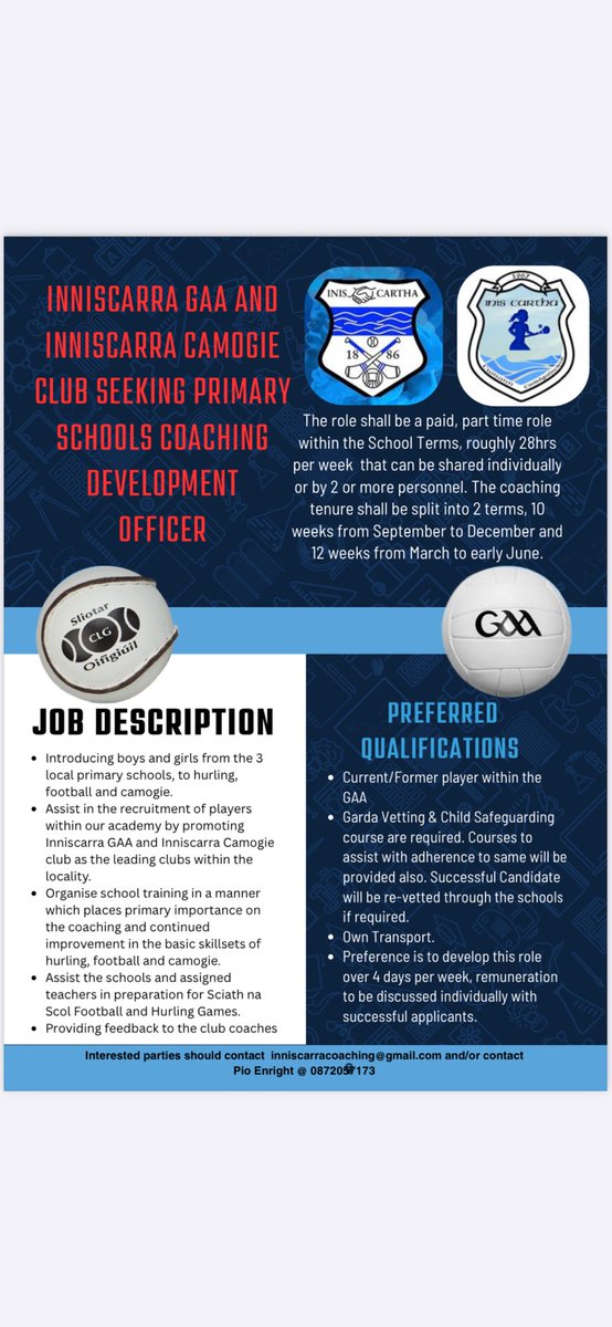Great opportunity with <a href="/ScarraGAA/">Inniscarra GAA</a> to coach and promote Gaelic Games in their local primary schools! See details below on how to apply👇 
<a href="/OfficialCorkGAA/">Cork GAA</a> <a href="/CorkGAACoaching/">Cork Gaa Coaching & Games</a> <a href="/MuskerryGAA/">Muskerry GAA</a>