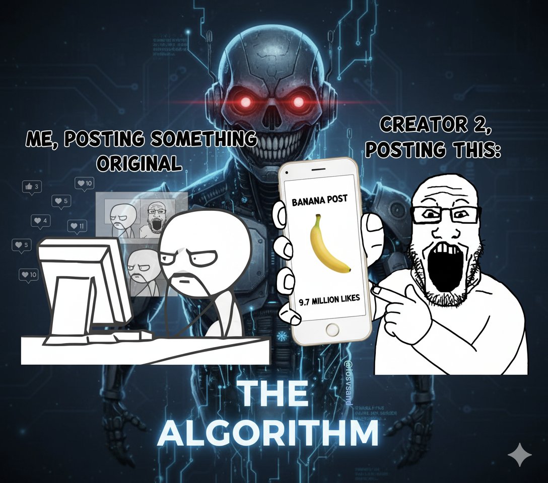 iosvsand's tweet image. My brain cells working overtime for original content vs. the algorithm pushing... a banana. 🍌 We're all just living in the matrix, aren't we? #AlgorithmProblems #ContentChaos #MemeLife #CreatorStruggles #BananaGate