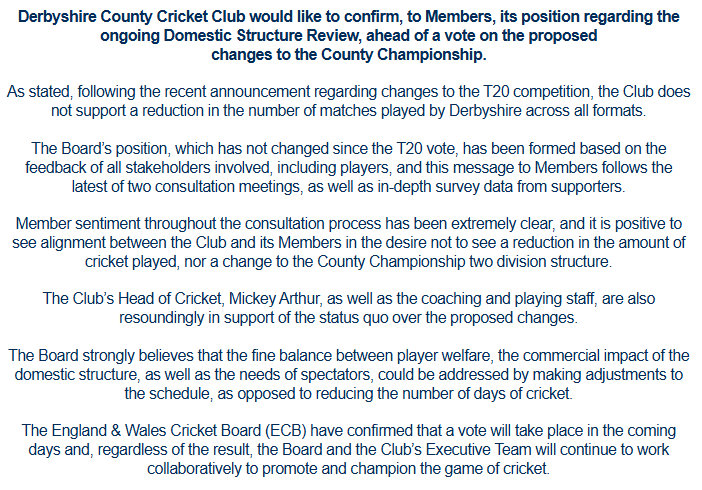Unequivocal from <a href="/DerbyshireCCC/">Derbyshire CCC</a> 

Board, Members, Coaches and Players united...