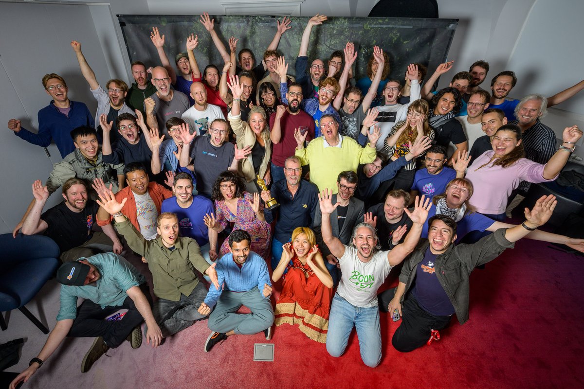 BlenderConf's tweet image. This year BCON25 photobooth is legendary! Special thanks from the @Blender team to Sacrebleu for sharing their Academy Award with the community to celebrate the success of Flow. #b3d #BCON25 #Flow
