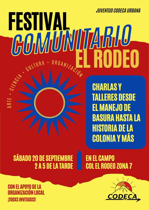 Nuestro próximo festival comunitario en la Colonia El Rodeo en Zona 7, con talleres y charlas para aprender y compartir juntxs.✨✨

Esperamos poder verles por allá y conocer la comunidad y aprender juntxs.🎉🎉🎉