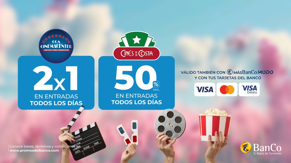 Sumate a los planes que te hacen bien🍿Sumate a las promos del #BanCo en cines‼️🎬

Conocé más en 📲 promosdelbanco.com/?s=Cine