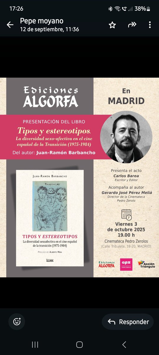 edALGORFA's tweet image. 🎬 Nuevo libro 📚 

Tipos y estereotipos. La diversidad sexo-afectiva en el cine español de la Transición (1975-1984)
✍️ De Juan-Ramón Barbancho Rodríguez, historiador del arte y comisario independiente.

EDICIONES ALGORFA

#CineEspañol #Transición #HistoriaDelCine #Ensayo
