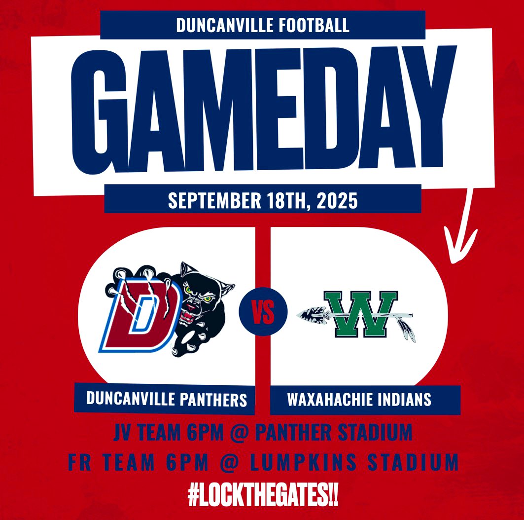 📣 GAME UPDATE: 

Duncanville vs. Waxahachie 
September 18th, 2025

The start time for both the JV and Freshman games has been moved back to 6:00 PM, their original start time. We apologize for any inconvenience this change may have caused.