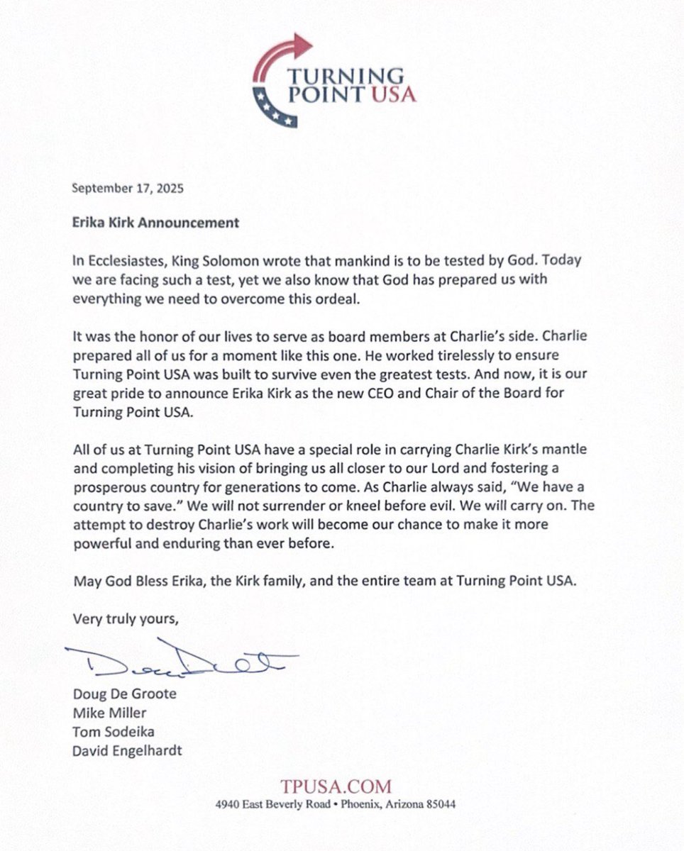BREAKING NEWS:

Charlie Kirk's widow Erika Kirk has officially be named the new chairmen and CEO of Turning Point USA.

This comes after she pledged to continue Charlie's work in her address to the nation last Friday.