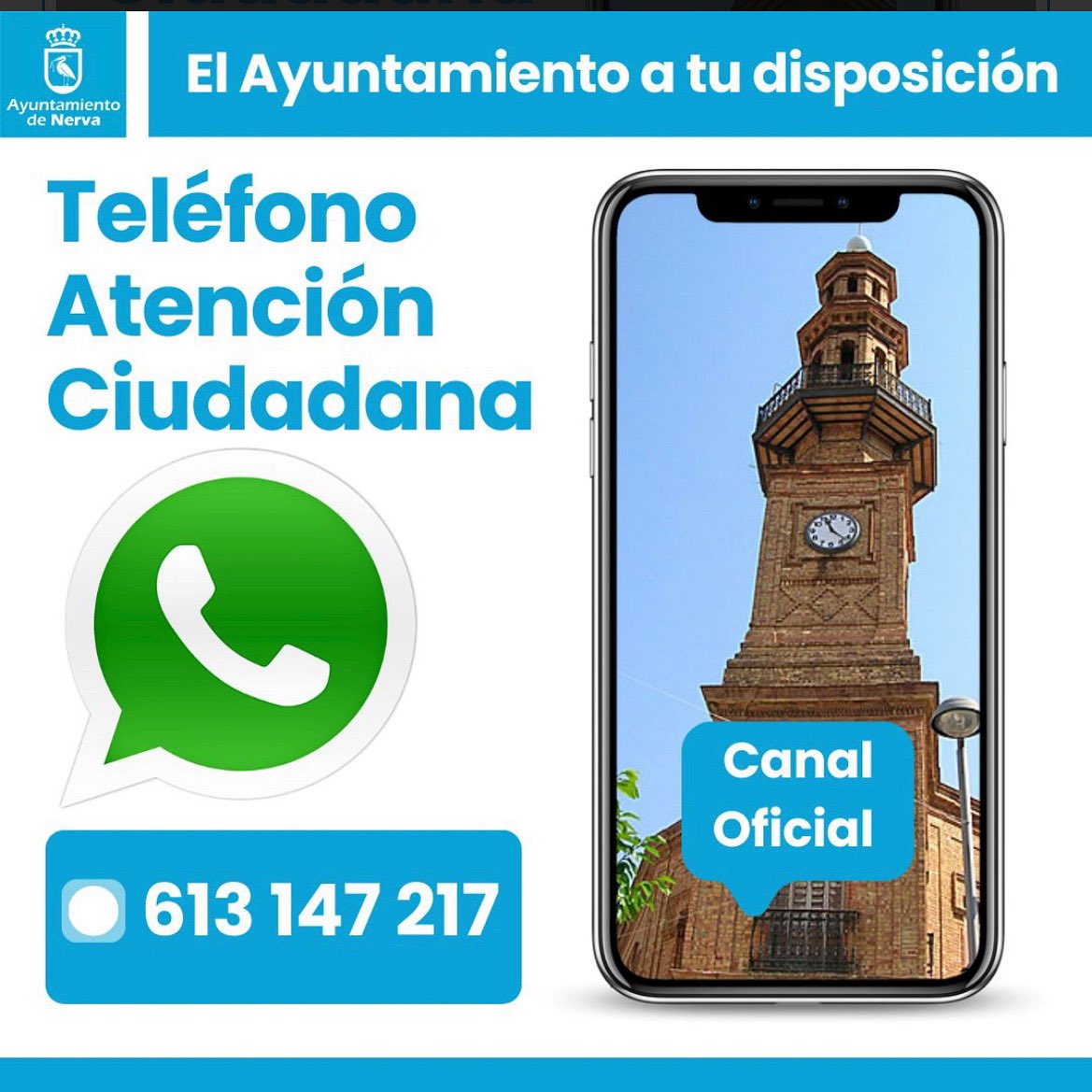 El Ayuntamiento de Nerva reactiva su teléfono de Atención Ciudadana a través de WhatsApp en el número de teléfono 613 147 217.
nerva.es/es/ayuntamient…