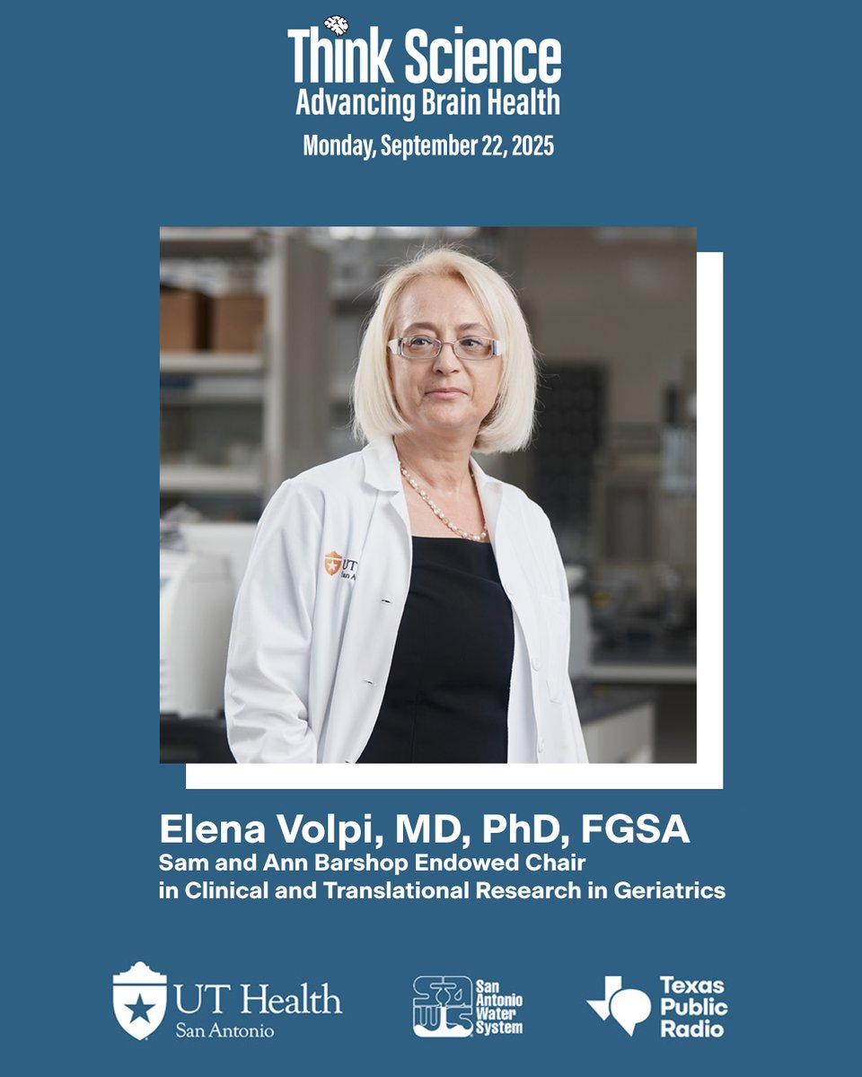 UT Health San Antonio Research (@uthsaresearch) on Twitter photo 🌟 Speaker Spotlight: Dr. Elena Volpi 🌟
Join us Monday, 9/22, at UT San Antonio Health Science Center for #TPRThinkScience to hear from world-renowned experts on brain health & healthy aging, plus ask questions during a live Q&A. Register: tinyurl.com/yrmyscca <a href="/utsystem/">The University of Texas System</a> 🌟 Speaker Spotlight: Dr. Elena Volpi 🌟
Join us Monday, 9/22, at UT San Antonio Health Science Center for #TPRThinkScience to hear from world-renowned experts on brain health & healthy aging, plus ask questions during a live Q&A. Register: tinyurl.com/yrmyscca <a href="/utsystem/">The University of Texas System</a>