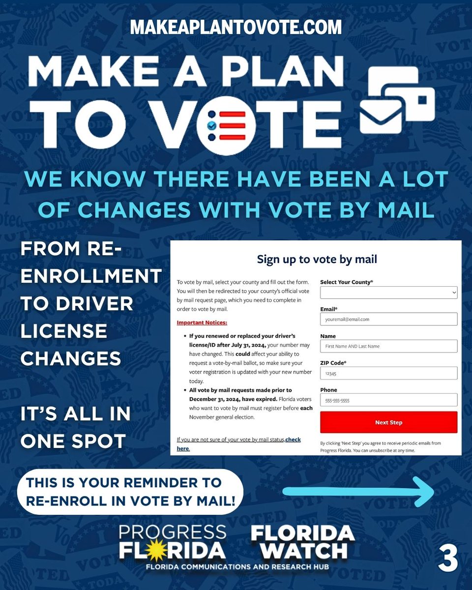 ProgressFlorida's tweet image. Don’t wait until Election Day to figure out your plan. Visit MakeAPlanToVote.com to register, sign-up to vote-by-mail, and learn everything you need to vote early or on Election Day.
