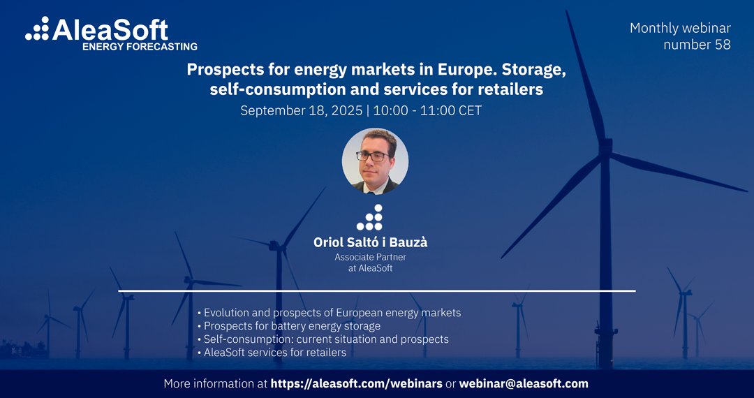 AleaSoft_EN's tweet photo. Yesterday, September 18, we held our 58th webinar, on #EnergyMarkets, #EnergyStorage with #batteries and #selfconsumption. We also presented our services to improve the strategy, management and planning of #retailers.
Recording:
https://t.co/dD3KLAnAEF https://t.co/9xrD6A6KuO