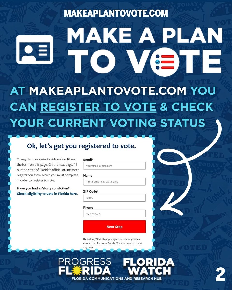 ProgressFlorida's tweet image. Don’t wait until Election Day to figure out your plan. Visit MakeAPlanToVote.com to register, sign-up to vote-by-mail, and learn everything you need to vote early or on Election Day.