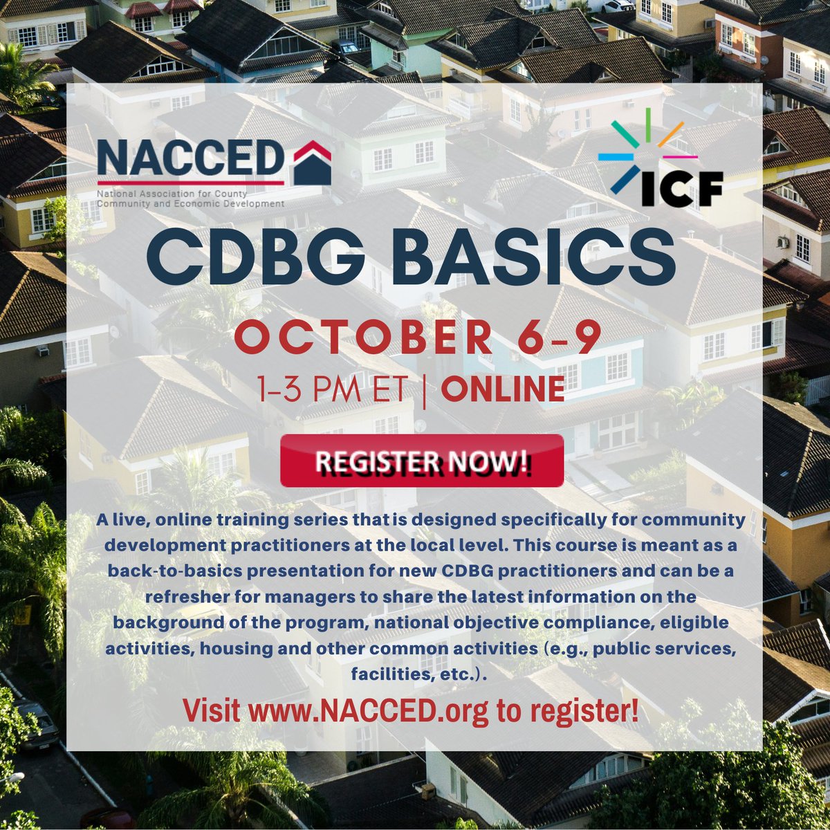 #CDBG Basics starts in less than a month! Join <a href="/NACCEDnews/">NACCED</a> and <a href="/ICF/">ICF</a> for this fully online training, Oct. 6-9. See full details here - members receive a discount on registration! 📓🖥️nacced.org/trainings