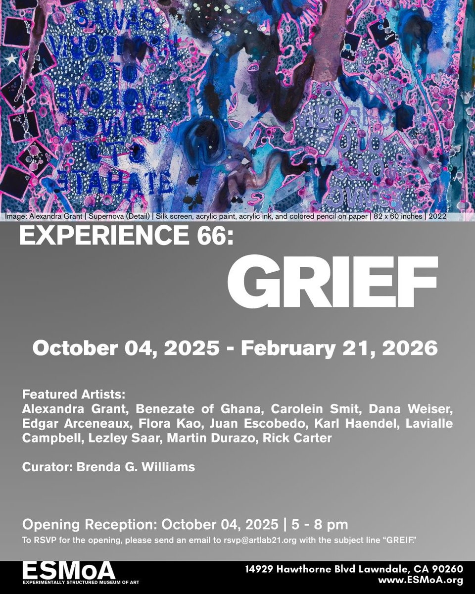 esmoaorg's tweet image. Experience 66: GRIEF
Oct 4, 2025 – Feb 21, 2026 at ESMoA.
An immersive journey through the 7 stages of loss. Opening 10/4, 5–8 PM. RSVP in bio. 
#ESMoA #Experience66 #GRIEF