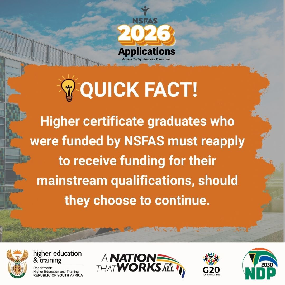 myNSFAS's tweet photo. ๐กQuick Fact!
Higher certificate graduates who were funded by NSFAS must reapply to receive funding for their mainstream qualifications, should they choose to continue.
#NSFAS2026 #NSFAS2026Applications #AccessTodaySuccessTomorrow https://t.co/ugbRyPdM9A