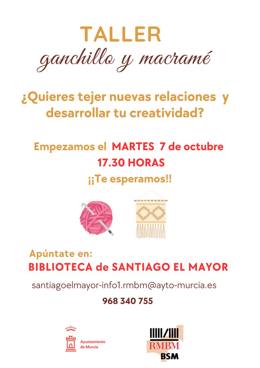 En octubre volvemos con nuestro Taller de ganchillo y macramé. Apúntate en nuestra Biblioteca, llámanos o mándanos un mail. ¡Te esperamos!🧶🪡
<a href="/RMBM17/">RMBM</a>
<a href="/AytoMurcia/">Ayuntamiento de Murcia</a>
<a href="/AAVVsantiagoel1/">AAVVsantiagoelmayor</a>
<a href="/AVRondaSurMurci/">AV Ronda Sur Murcia</a>
<a href="/SantiagoMayorJM/">Junta Municipal Santiago el mayor</a>
<a href="/nav_pio/">Asociación de Vecin@s SanPioX</a>
<a href="/PATINOPEDANIA/">PATIÑO</a>