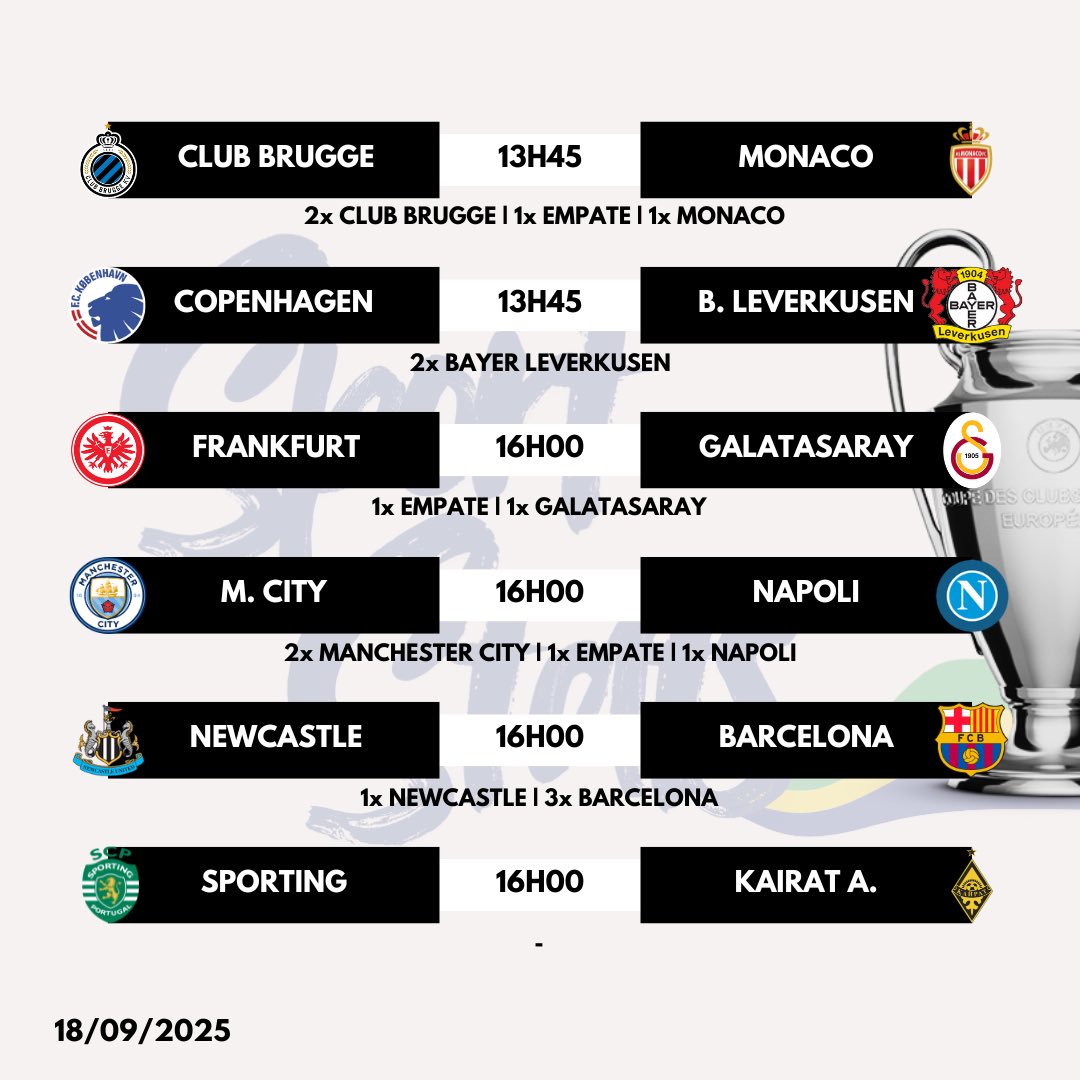 🏆 Terceiro dia de Champions League no ar!

Alguns duelos já têm história, já Sporting x Kairat se enfrentam pela primeira vez hoje.

💭 Qual desses confrontos você acha que vai pegar fogo hoje?