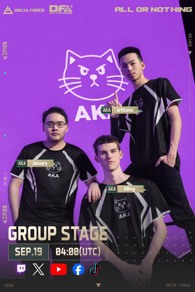 DeltaForce_Game's tweet photo. 🔥 Meet the players ready for DFI:
MBA: skiteyyy, yuvel11r, and Bulldo from Europe.
FN: Flarich, hhrrr, usb1shka, and Ev3n from Europe.
AKA: 60mg, articuno, and January from North America.
INK: Kilzal, tooEzze, BabyB, and Grimmie from North America.
⏰ September 19 4:00 AM UTC.
🔥Tune in live on the official Delta Force channels to see which team fights their way through elimination.

Twitch: https://t.co/5EoKdenmoF
YouTube: https://t.co/wAgrEt9Z3w
Tiktok: https://t.co/TYckO3v2Kq
X: https://t.co/V56KxRZ99a
Facebook: https://t.co/9B7vQ4SCMS