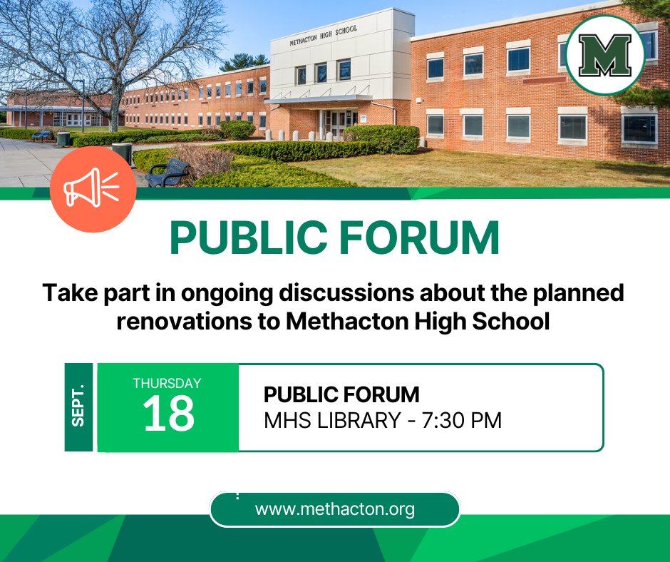 It's tonight! Another chance to come out and be a part of the conversation! Methacton School District is holding another public forum to discuss the planned renovations to Methacton High School.

▪️ Review concepts, rationale, costs, and the project timeline
▪️ Learn about the