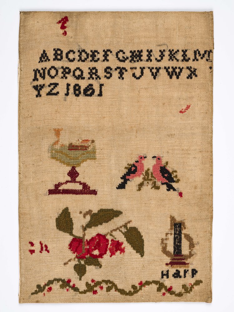 This sampler by 14-year-old Richard Artemus Stegall Jr. is a rare example of a sampler made by a young boy. When Stegall’s mother fell ill, she taught him embroidery at her bedside. Stegall created this sampler in Roane County in 1861. See it now in "Samplers and Young Women."