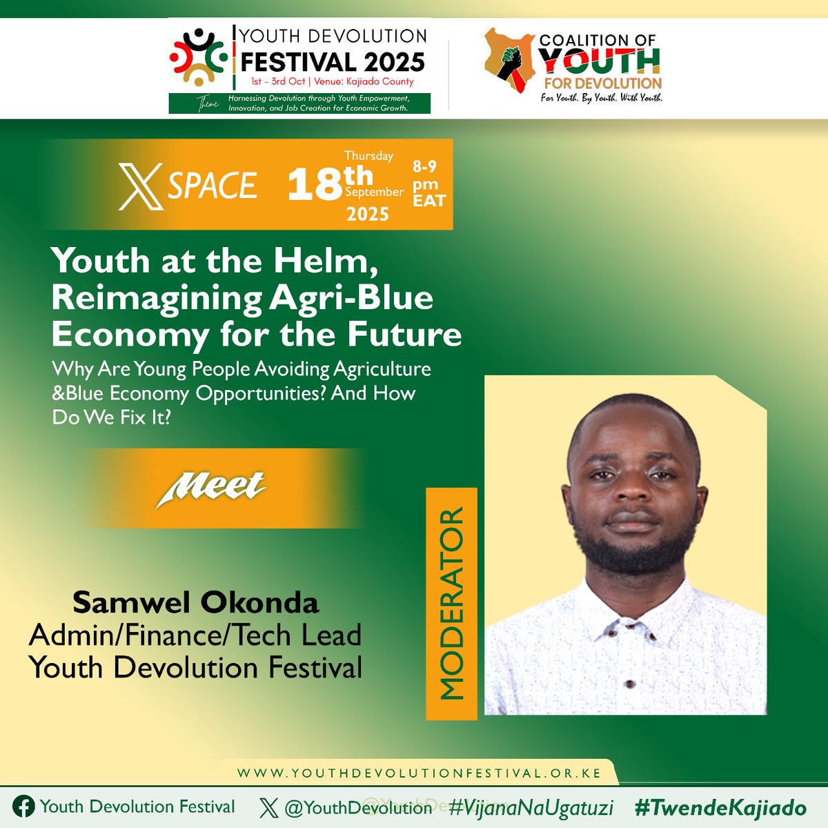 Say hi to our Moderator. 
<a href="/OkondaSamwel/">Okonda Samwel</a> 
He'll be guiding this great conversation tonight. 
#VijanaNaUgatuzi #YDF2025 #TwendeKajiado