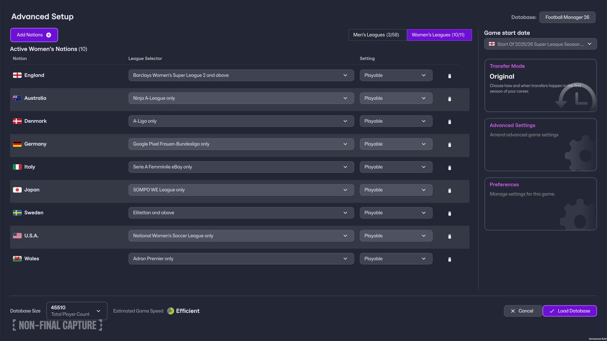 fmscout's tweet image. 🆕 16 #FM26 #Screenshots revealed &amp;amp; screen-grabbed today

+ You may select either a men's team, a women's team or start unemployed
+ There are 58 playable nations for men, 11 for women
+ No option to manage national teams yet
+ Cityscapes

All on 1 page ➔ fmed.cc/fm26-screensho…
