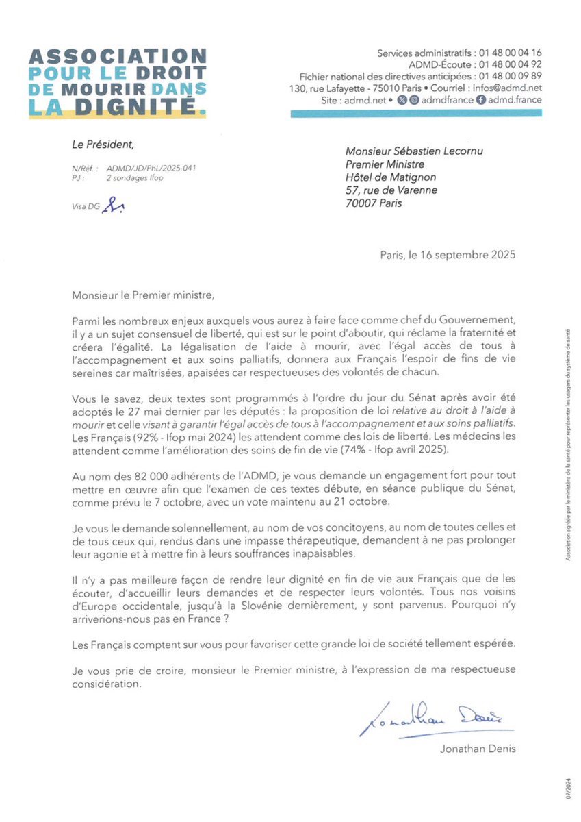 Face au risque d’un nouveau report des textes #FindeVie au <a href="/Senat/">Sénat</a>, j’interpelle le Premier ministre <a href="/SebLecornu/">Sébastien Lecornu</a> pour que les discussions puissent avoir lieu selon le calendrier initial.
Tout report serait une insulte pour les malades et leurs proches qui en ont assez d’être « une