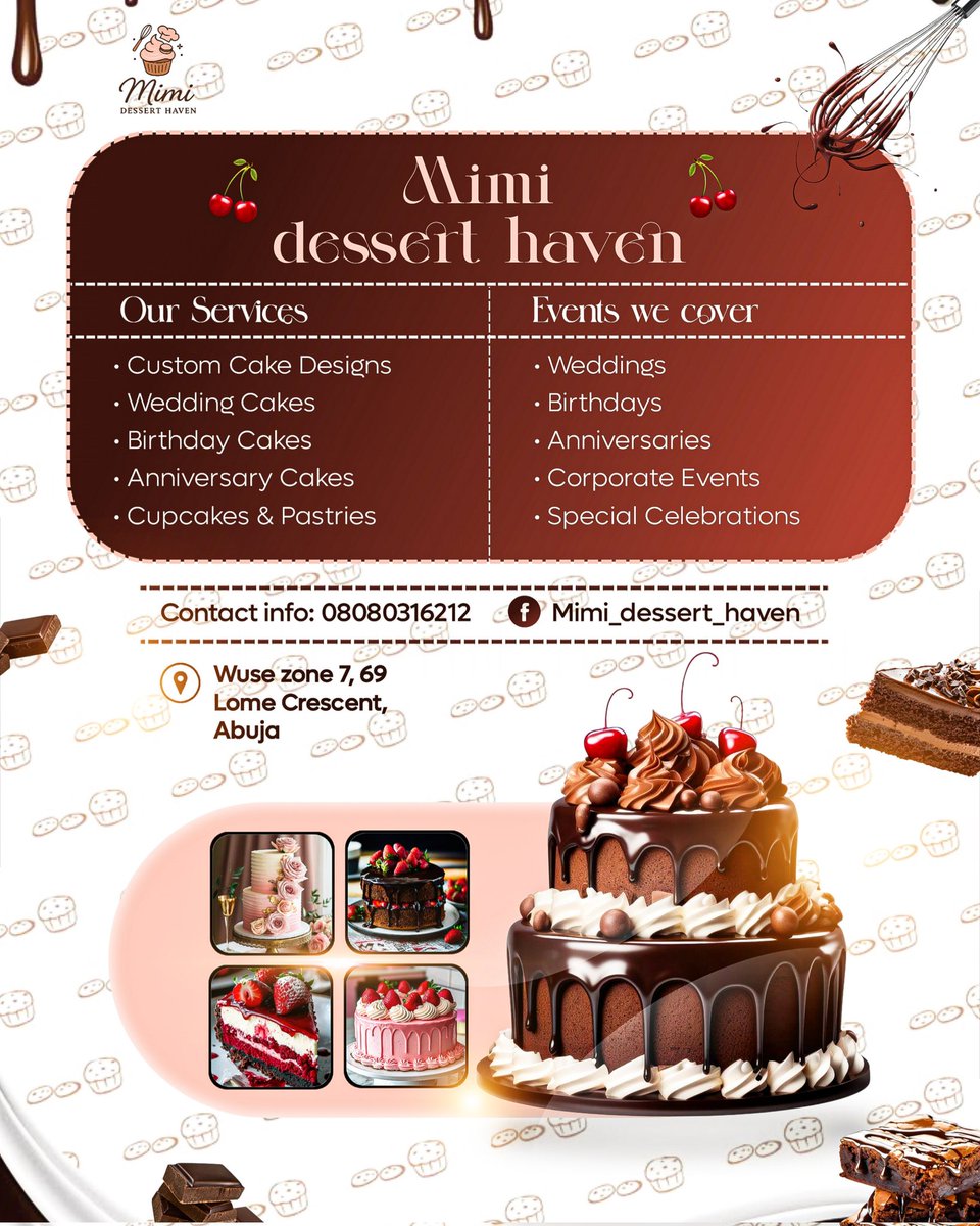 MEDU_GRAPHICS's tweet photo. Designed this flyer for Mimi Dessert Haven ๐ฐ from scratch, with brown & peach as the main theme. The goal wasnโt just beauty but balance: clear concept, well-placed CTA, necessary info, and a smooth finish.
#cakeflyer
#GraphicDesign #MeduStudios #FlyerDesign #CreativeSolutions https://t.co/O22wYJndpg