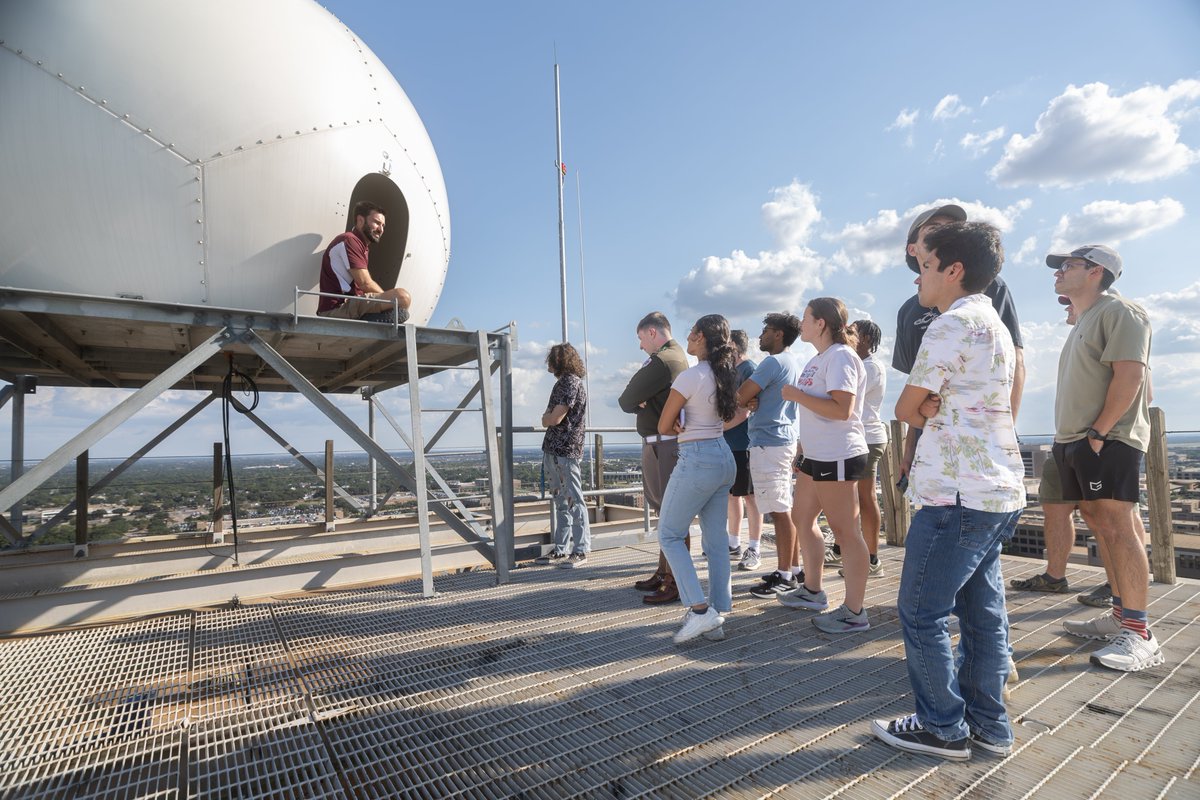 climavision's tweet image. WHOOP! Students from @tamu_atmo visited the rooftop radar last week. Having a supplemental weather radar on campus means more data in the classrooms and research as well as the opportunity to learn how a radar works. 
#weathertech #education #meteorology