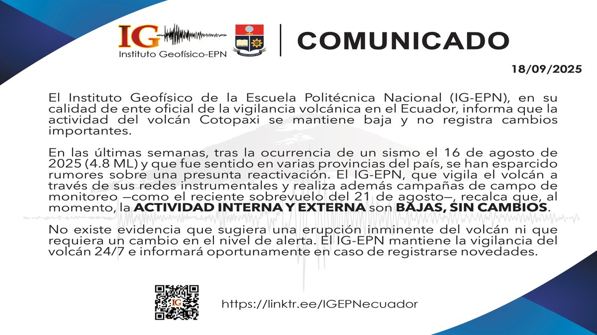 IGecuador's tweet photo. #ComunicadosIG Comunicado del IG-EPN referente a la actividad actual del volcán #Cotopaxi. https://t.co/MgwTHe7vce