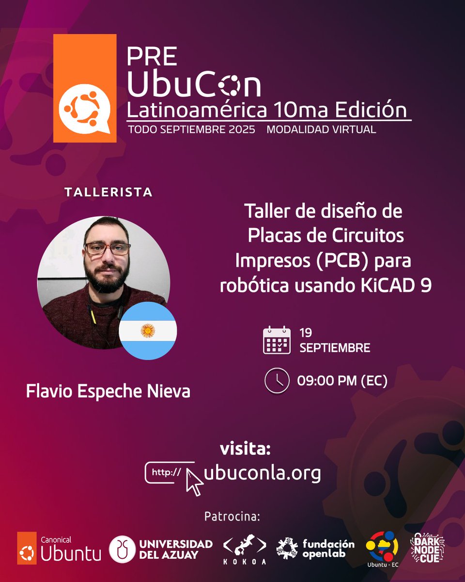 PreUbuConLa2025 | Diseño de Placas de Circuitos Impresos (PCB) para robótica usando KiCAD 9
youtube.com/live/GI_pxizX2…

Tod listo comunidad !!!
No esperen más !!

#
