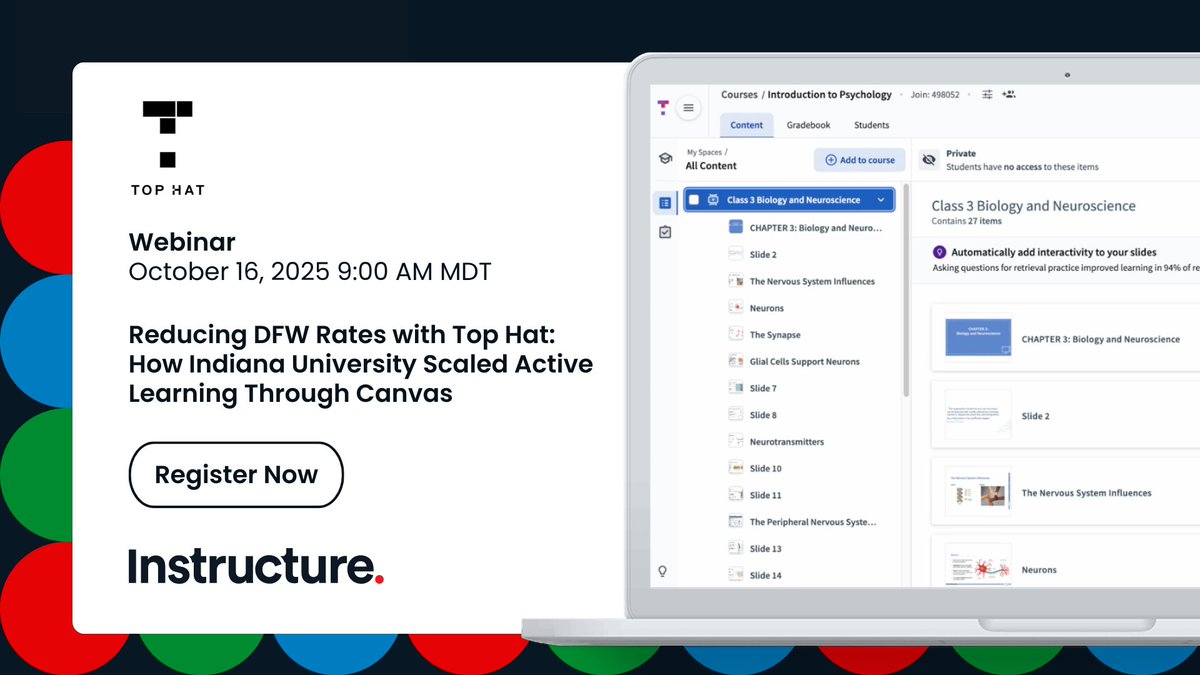 Boost engagement by focusing on the heart of the college experience: the course. 📚

Join us and explore how the <a href="/IndianaUniv/">Indiana University</a> builds student-centered learning with <a href="/TopHat/">Top Hat</a> and#CanvasLMS.

🗓️ October 16
⏰ 9 AM MDT

👉 bit.ly/4pr1vXN

#EdTech #InteractiveLearning