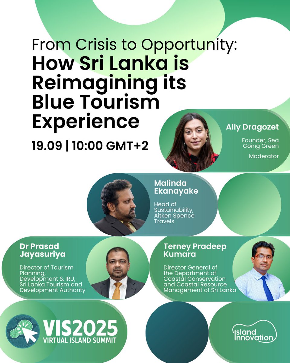 🗓️ Coming up: “From Crisis to Opportunity: How #SriLanka is Reimagining its #BlueTourism Experience”, a sponsored session by <a href="/SeaGoingGreen/">SeaGoingGreen</a>.

Join us at 04:00 EDT (New York), 9:00 BST (London), 18:00 AEST (Sydney): us02web.zoom.us/j/87497326301
