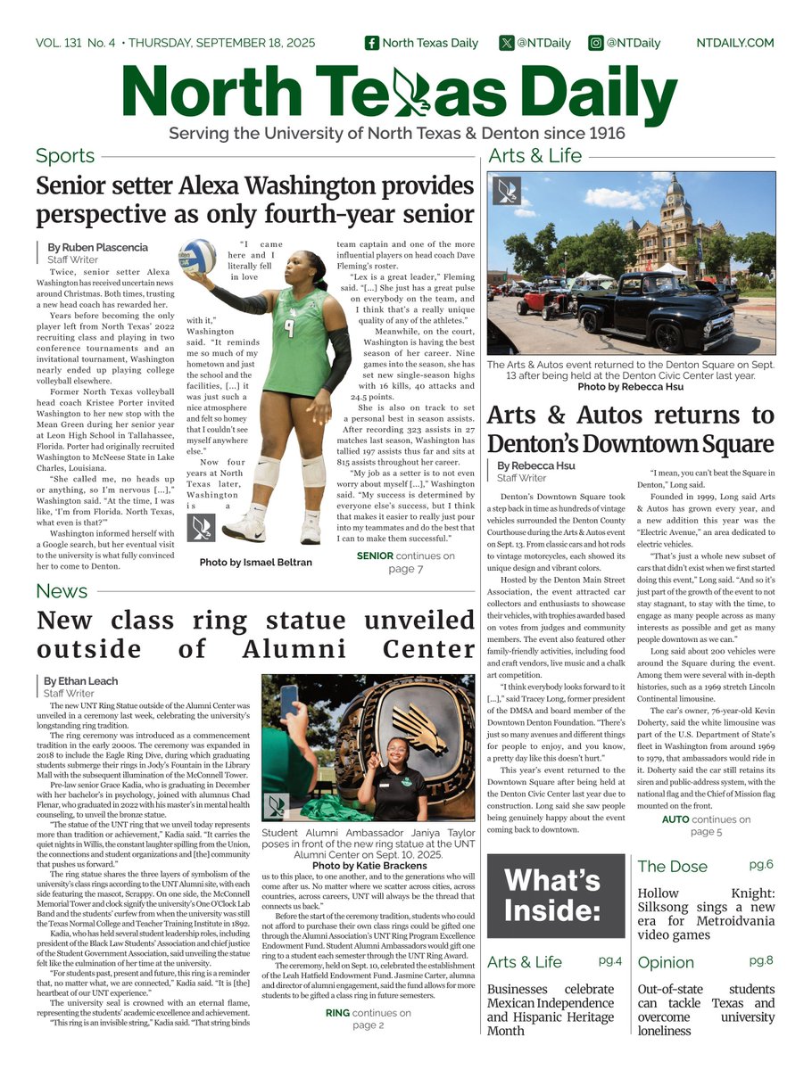 Happy Thursday! In this week's issue, check out a feature on a senior setter, read about the new class ring statue, a Denton car show and more!