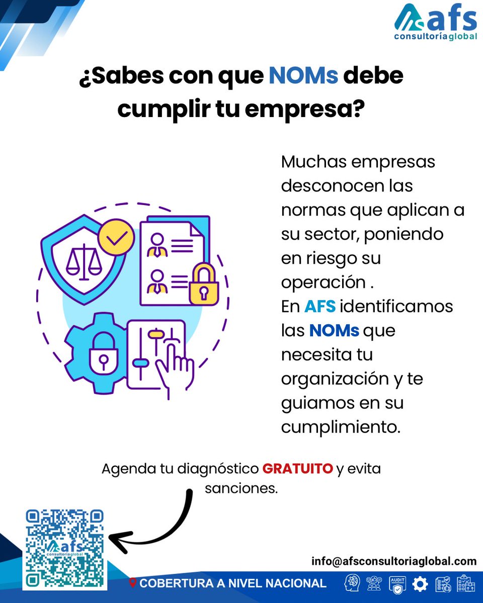 Afs_Global_Mx's tweet image. ¿Tu empresa cumple con las NOMs? ⚠️
En AFS te ayudamos a identificar las normas que aplican a tu sector y guiarte en su cumplimiento.

✅ Agenda tu diagnóstico GRATIS y evita sanciones.

#NOMs #AFSConsultoría #EmpresasSeguras #CumplimientoNormativo