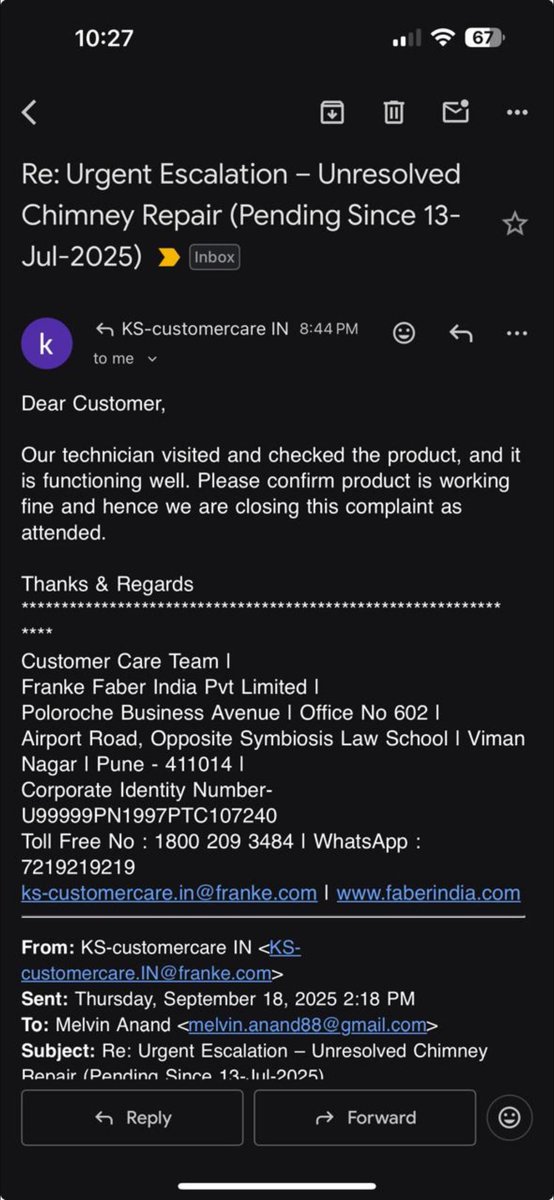 MlvnAnd's tweet photo. @FaberIndia Without fixing the issue, customer support team closing the ticket.

Shame on you @FaberIndia https://t.co/Ej5BCApbAP
