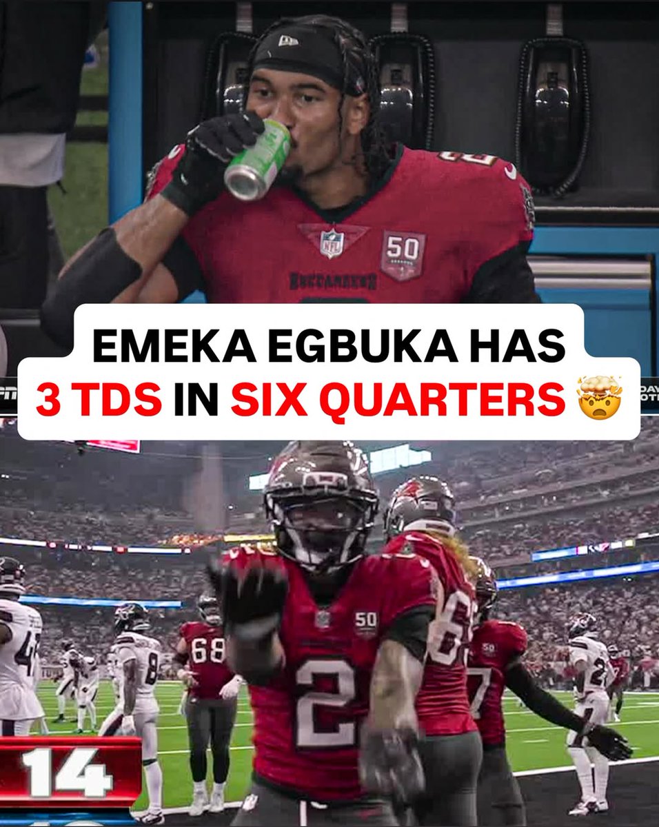 NFL_DovKleiman's tweet photo. Star: Bucs rookie WR Emeka Egbuka has gone viral for drinking a Sprite on the sidelines after his third touchdown.

This kid is DIFFERENT 🤯 https://t.co/vl0w1GpH6B
