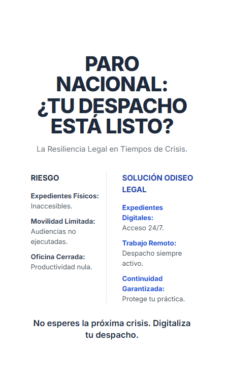 Odiseolegal's tweet photo. Paro Nacional. Calles cerradas. ¿Tu Firma sigue operando?

La dependencia de expedientes físicos es el mayor riesgo para la continuidad de tu negocio.

La solución: digitalización. Acceso 24/7, trabajo remoto y audiencias garantizadas.

No esperes más.
https://t.co/ceOiOxIj84 https://t.co/fOP0fPaJoL