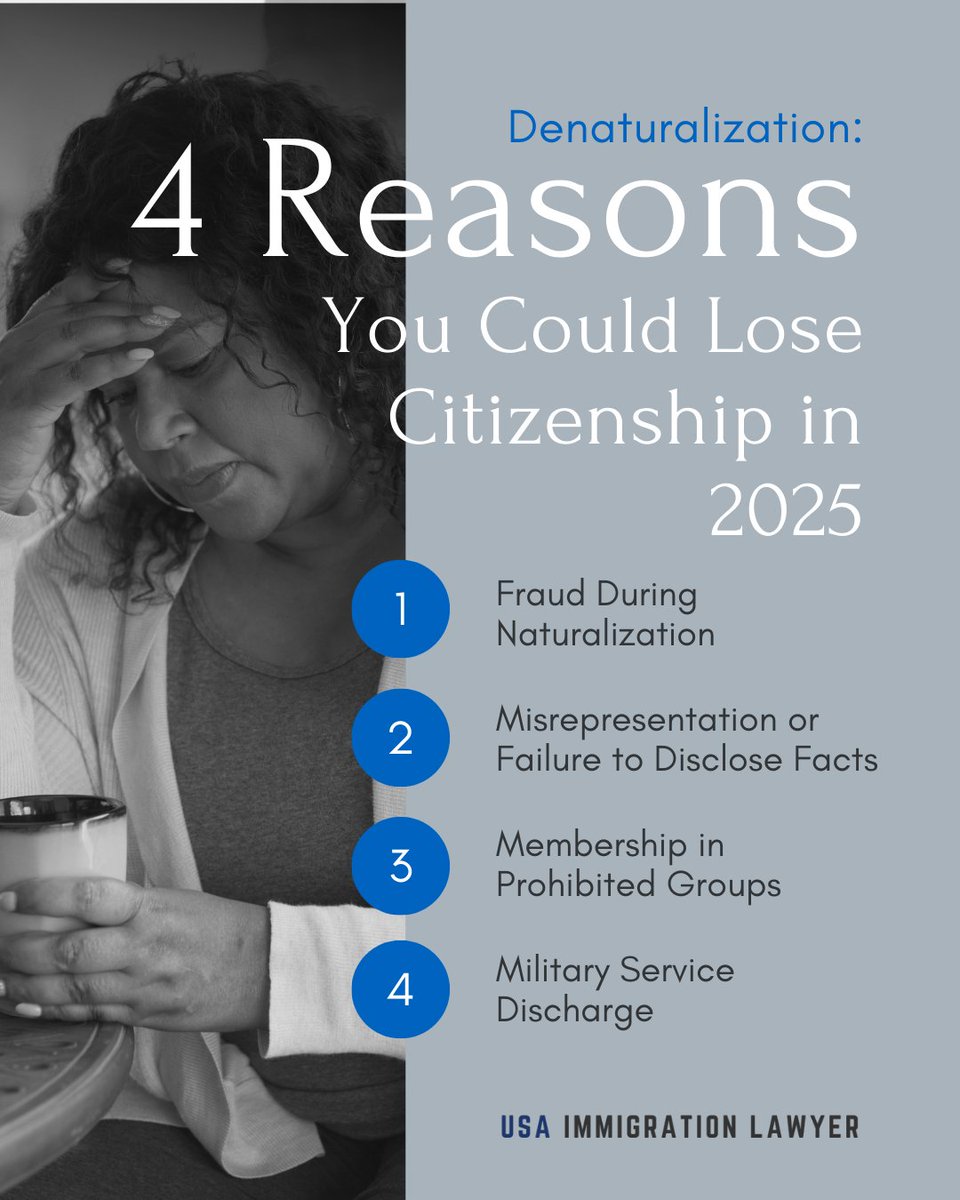 USA_Immig_Law's tweet image. ⚠️ Denaturalization is rare but possible. Top 4 reasons in 2025:
1️⃣ Fraud in naturalization
2️⃣ Misrepresentation or failure to disclose facts
3️⃣ Membership in prohibited groups
4️⃣ Dishonorable military discharge (within 5 yrs)

#USCitizenship #Denaturalization #ImmigrationLawyer