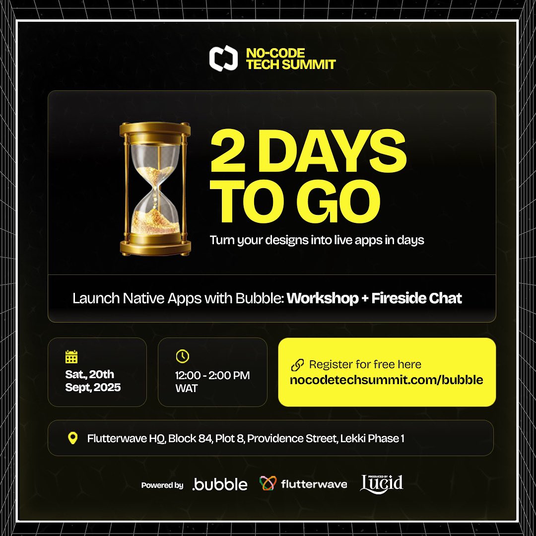 nocodesummit's tweet image. Less than 48 hours to the Bubble Workshop and fireside chat!
Have you secured your spot yet?
Visit nocodetechsummit.com/bubble to register now.
#MobileAppBuilders #NoCodeTechSummit #NoCodeDevelopers