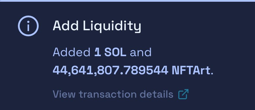 Crossbow0086's tweet photo. $NFTArt Liquidity 🔥🚀
Just add 1 SOL and 44 MLN $NFTArt!
#NFT #NFTArt #NFTArtcommunity #NFTArtoken #Solana #Sol #solanatoken #SolanaCommunity https://t.co/OeCOPujSq4