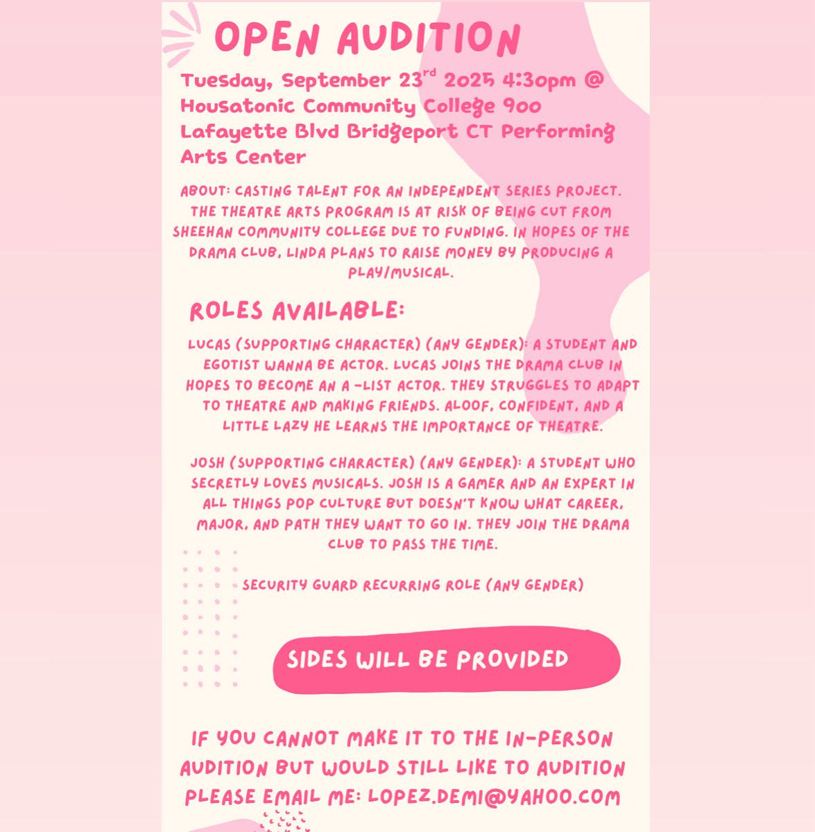 Auditions happening this coming Tuesday!! No preparation needed, just show up!! #theater