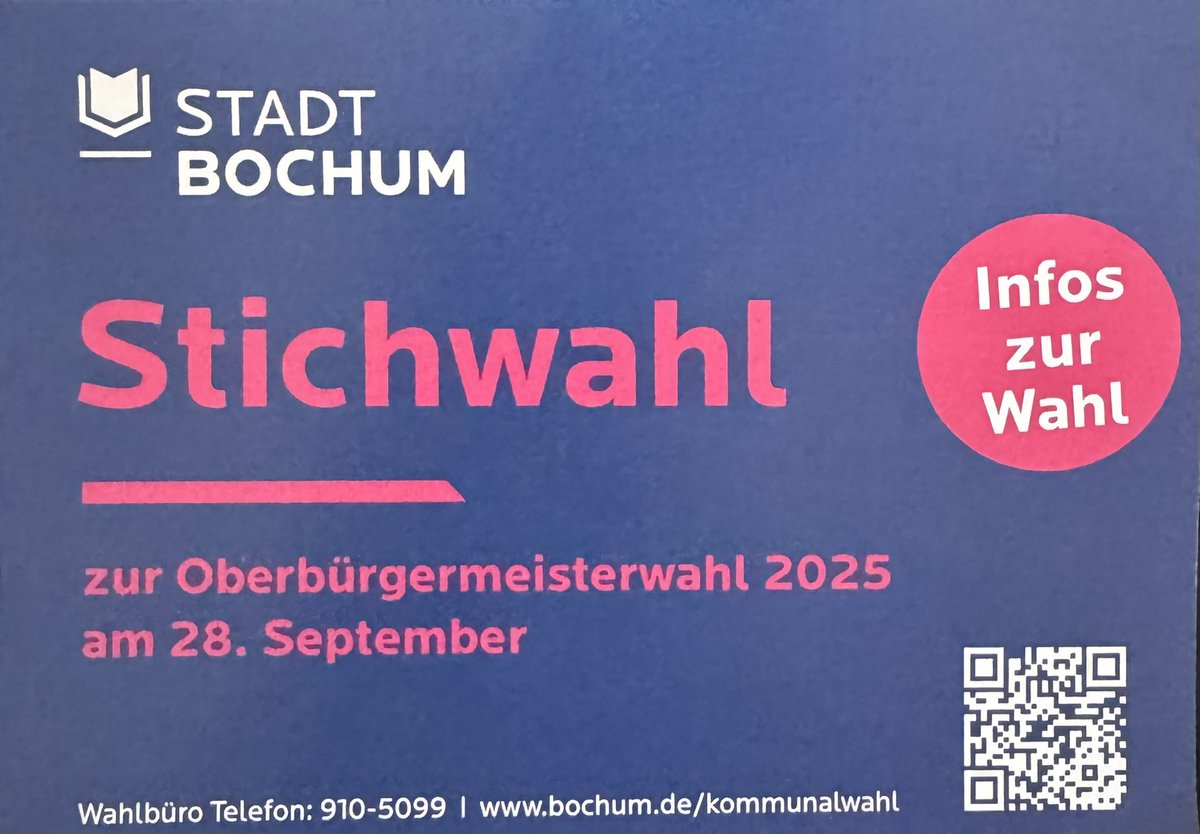 benfri_official's tweet photo. 📢 Stichwahl in Bochum ❌🗳️

Am Sonntag, 28. September 2025, findet in Bochum die Stichwahl zur Wahl des Oberbürgermeisters statt. Informationen zur Wahl gab es heute von der Stadt Bochum per Post 📮
#bochum #stichwahl #OBWahlBO https://t.co/HJxsE43C4Y